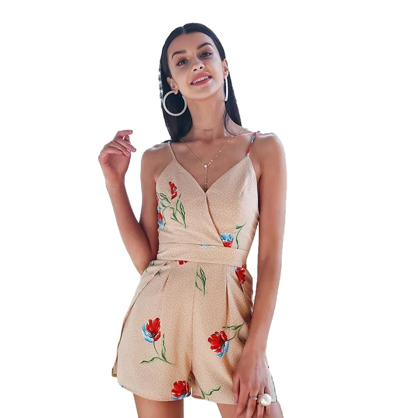 Boho Style Sexy Women's V-neck Backless Tie Up Playsuit With Floral Print