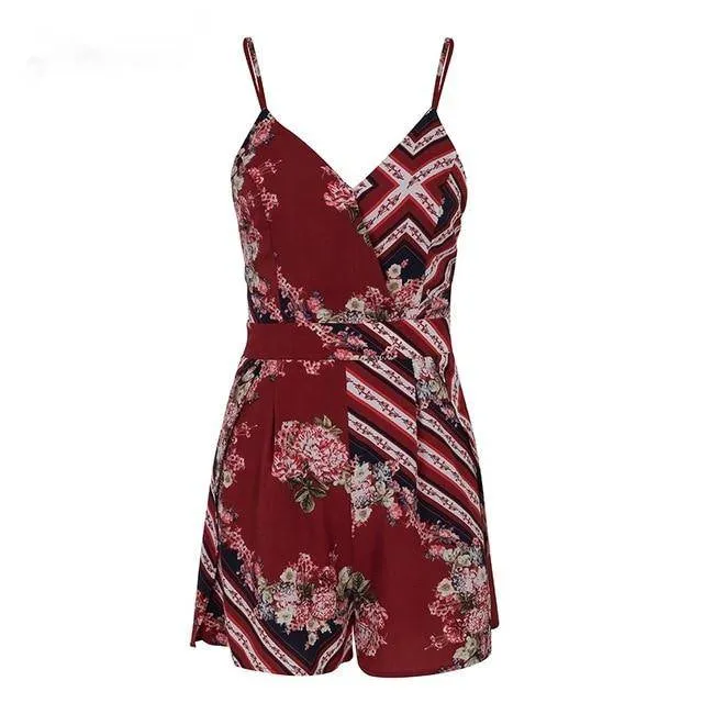 Boho Style Sexy Women's V-neck Backless Tie Up Playsuit With Floral Print