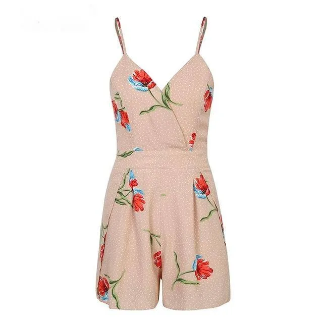 Boho Style Sexy Women's V-neck Backless Tie Up Playsuit With Floral Print