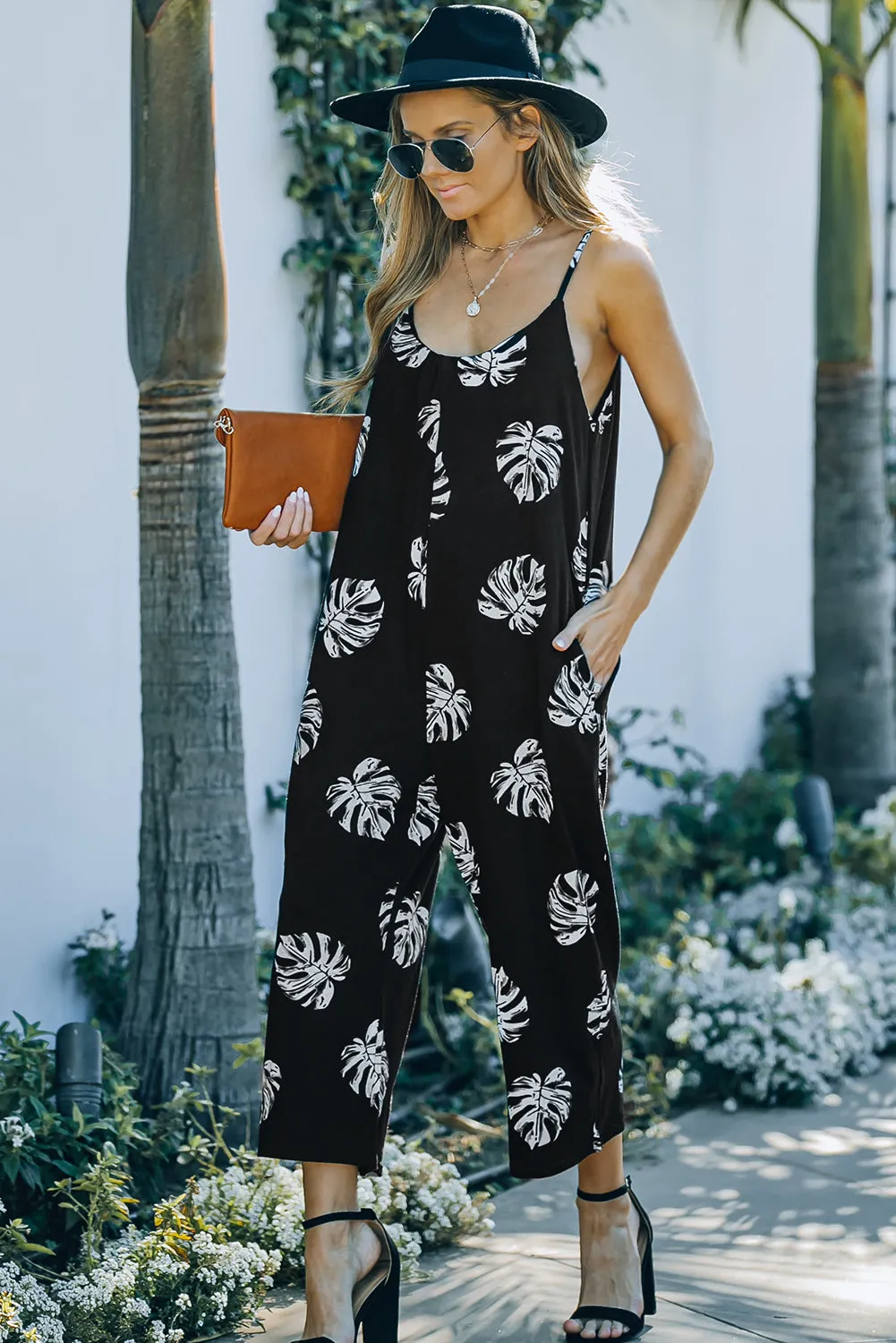 Botanical Print Spaghetti Strap Cropped Jumpsuit