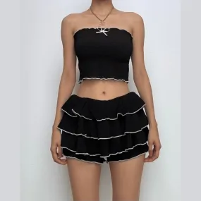 Bowknot ruched ruffle tube mini skirt set