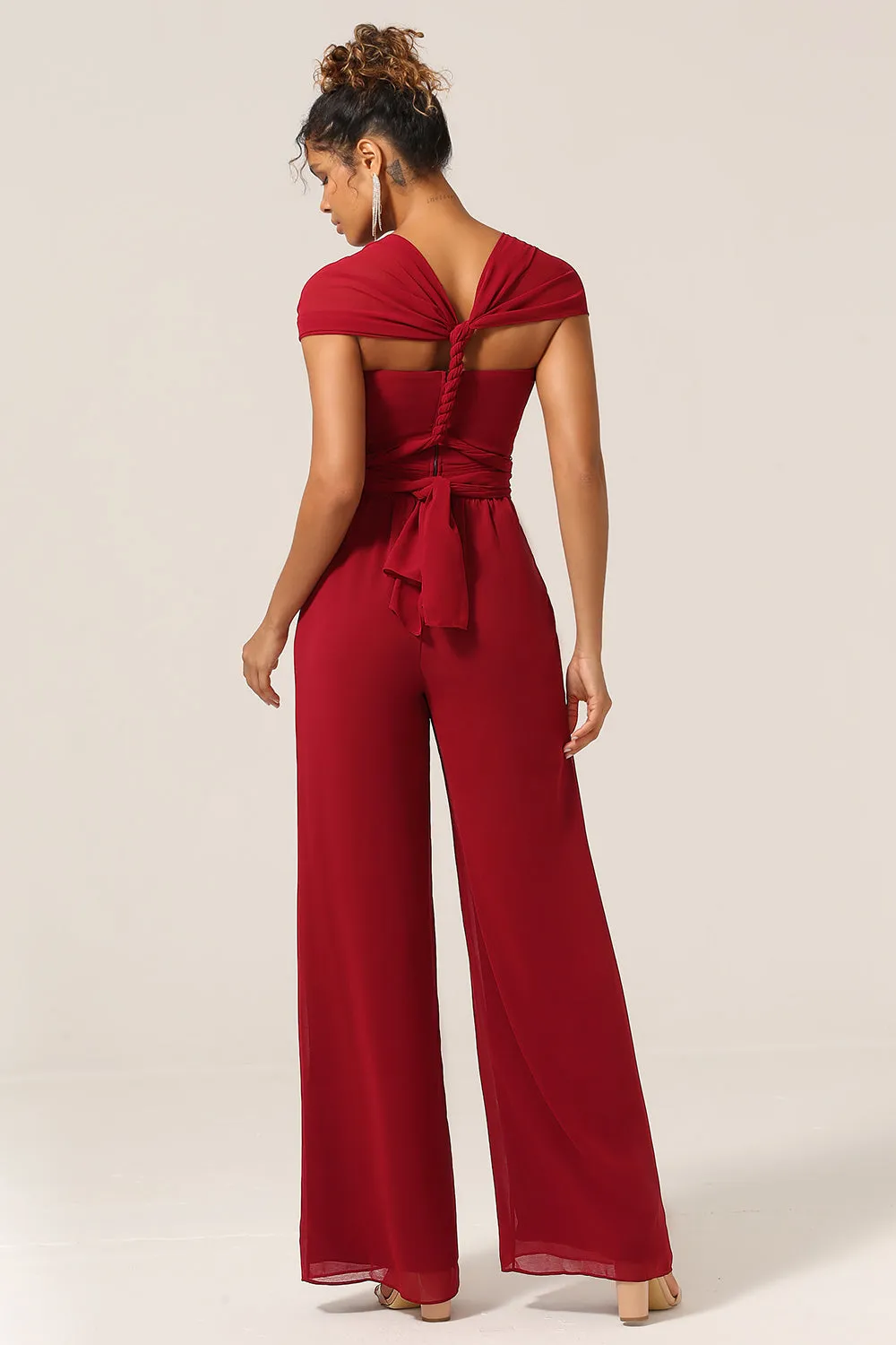 Burgundy Chiffon Convertible Bridesmaid Jumpsuits