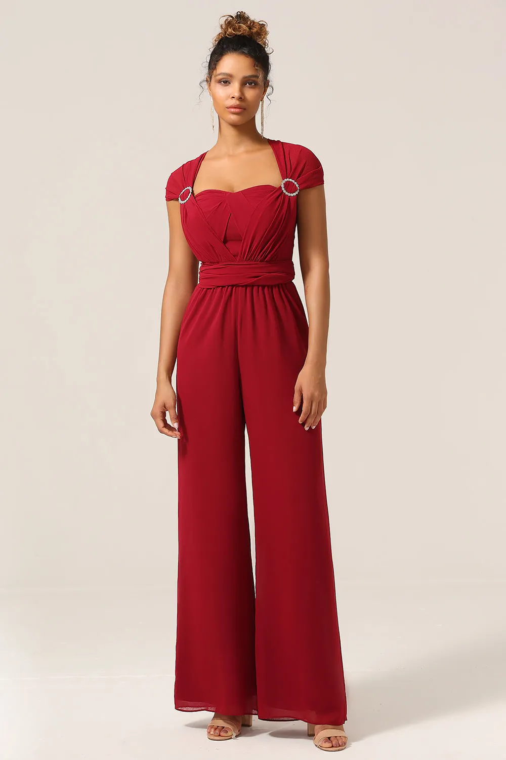 Burgundy Chiffon Convertible Bridesmaid Jumpsuits