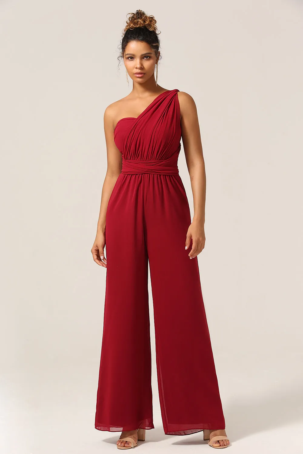 Burgundy Chiffon Convertible Bridesmaid Jumpsuits