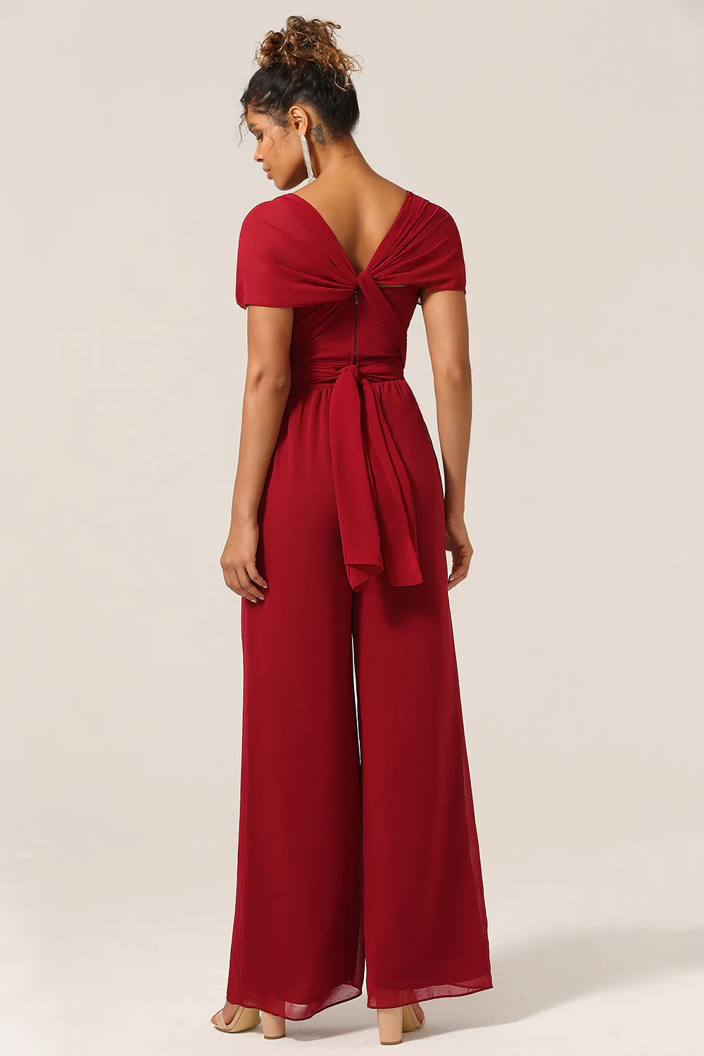 Burgundy Chiffon Convertible Bridesmaid Jumpsuits