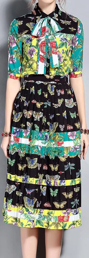 Butterfly Printed Blouse and Skirt Set