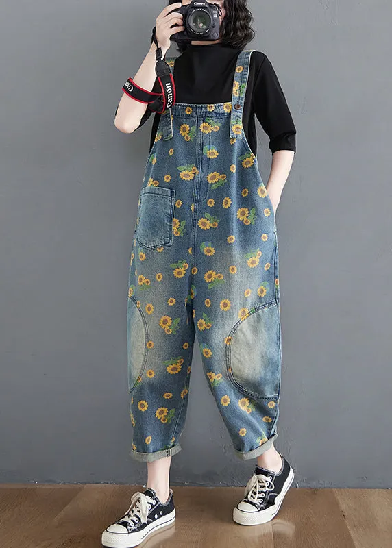 Casual Blue Daisy Patchwork Pockets Denim Jumpsuit Summer