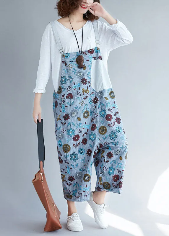 Casual light Grey pockets Patchwork Floral denim Jumpsuits Spring