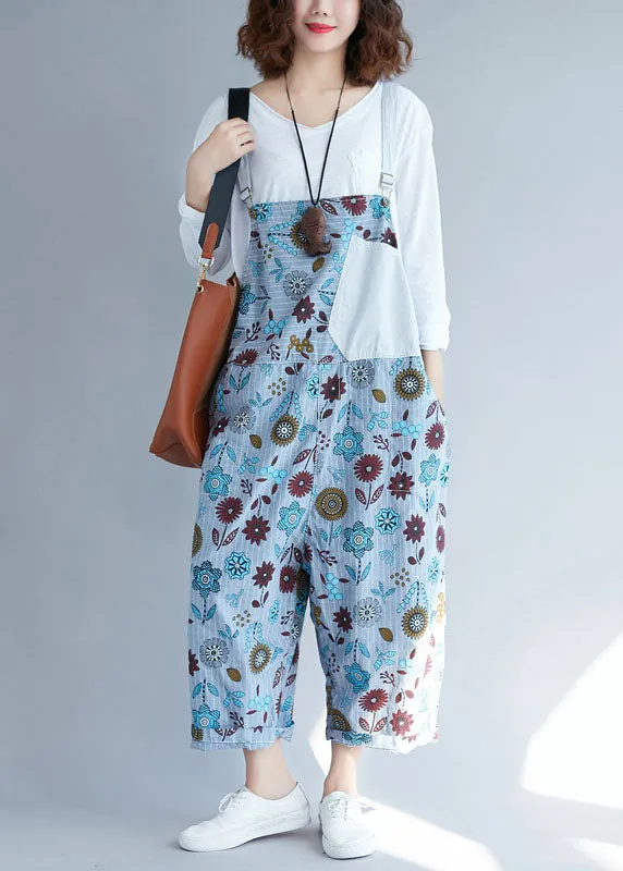 Casual light Grey pockets Patchwork Floral denim Jumpsuits Spring