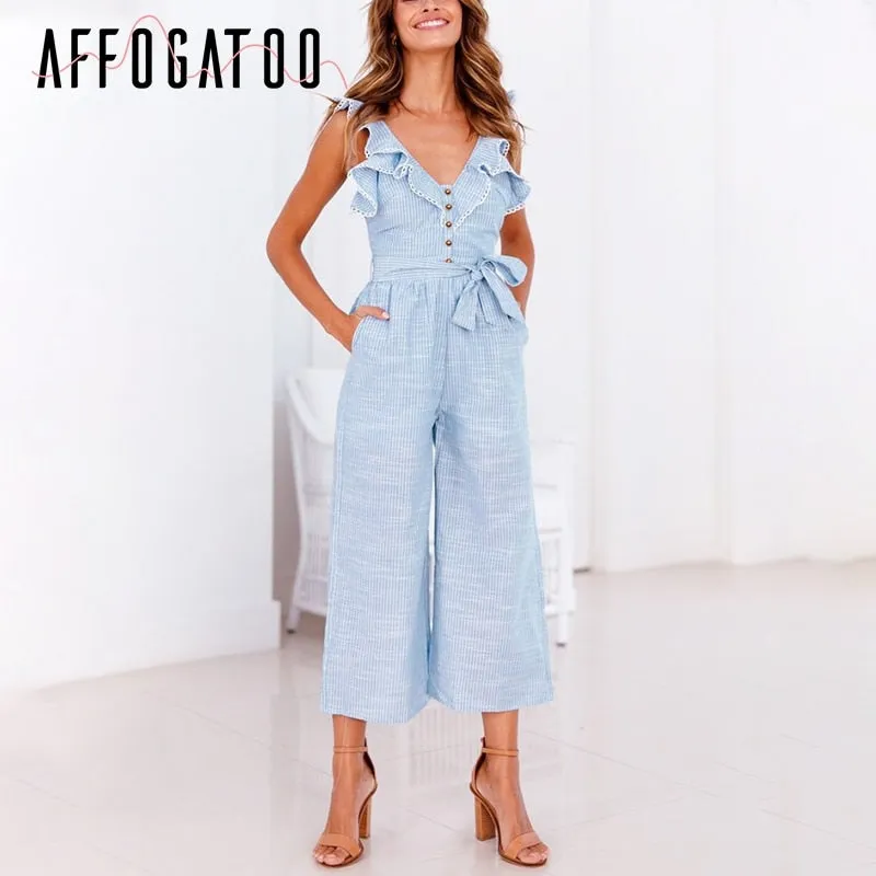 Casual ruffled cotton linen women jumpsuit