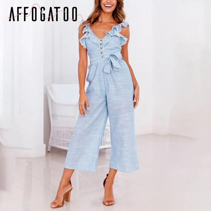 Casual ruffled cotton linen women jumpsuit