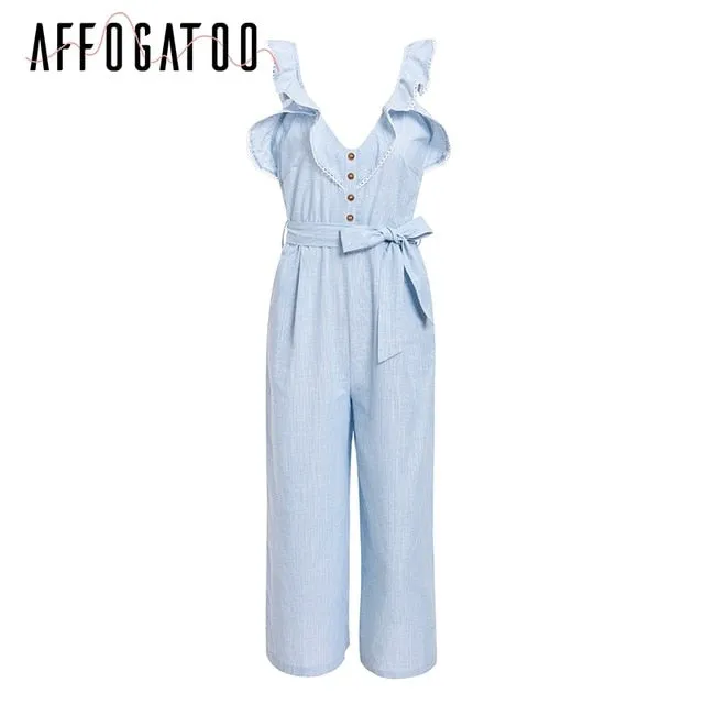 Casual ruffled cotton linen women jumpsuit