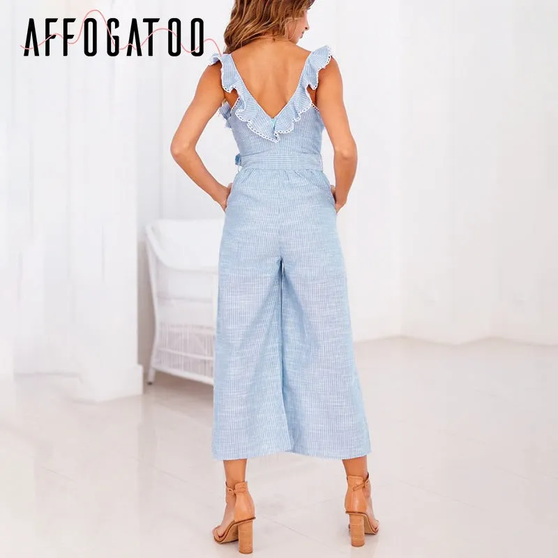 Casual ruffled cotton linen women jumpsuit