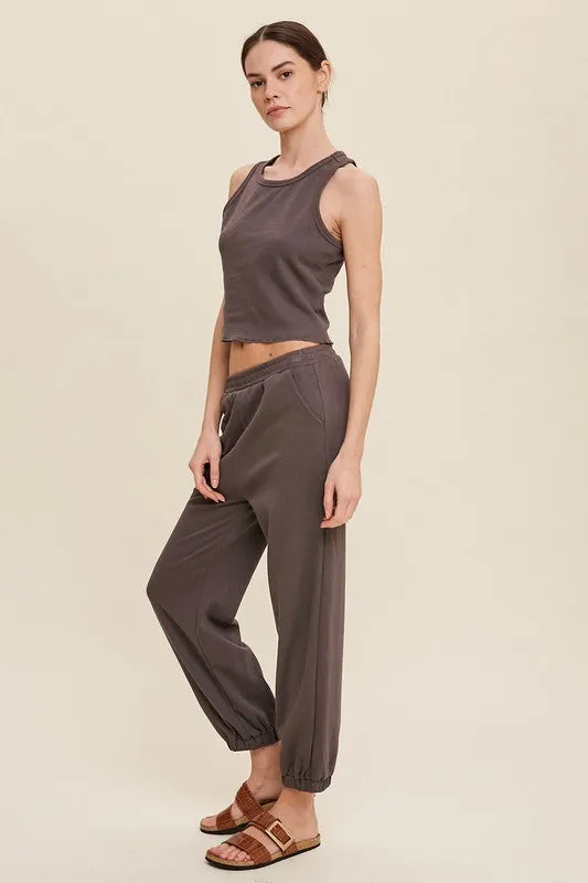 Charcoal Ribbed Crop Top And Jogger Pants Knit Sets