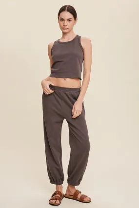 Charcoal Ribbed Crop Top And Jogger Pants Knit Sets