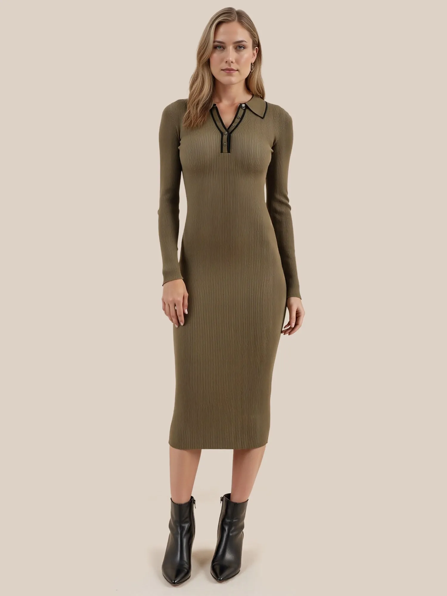 Contrast Trim Collared Button Front Midi Dress