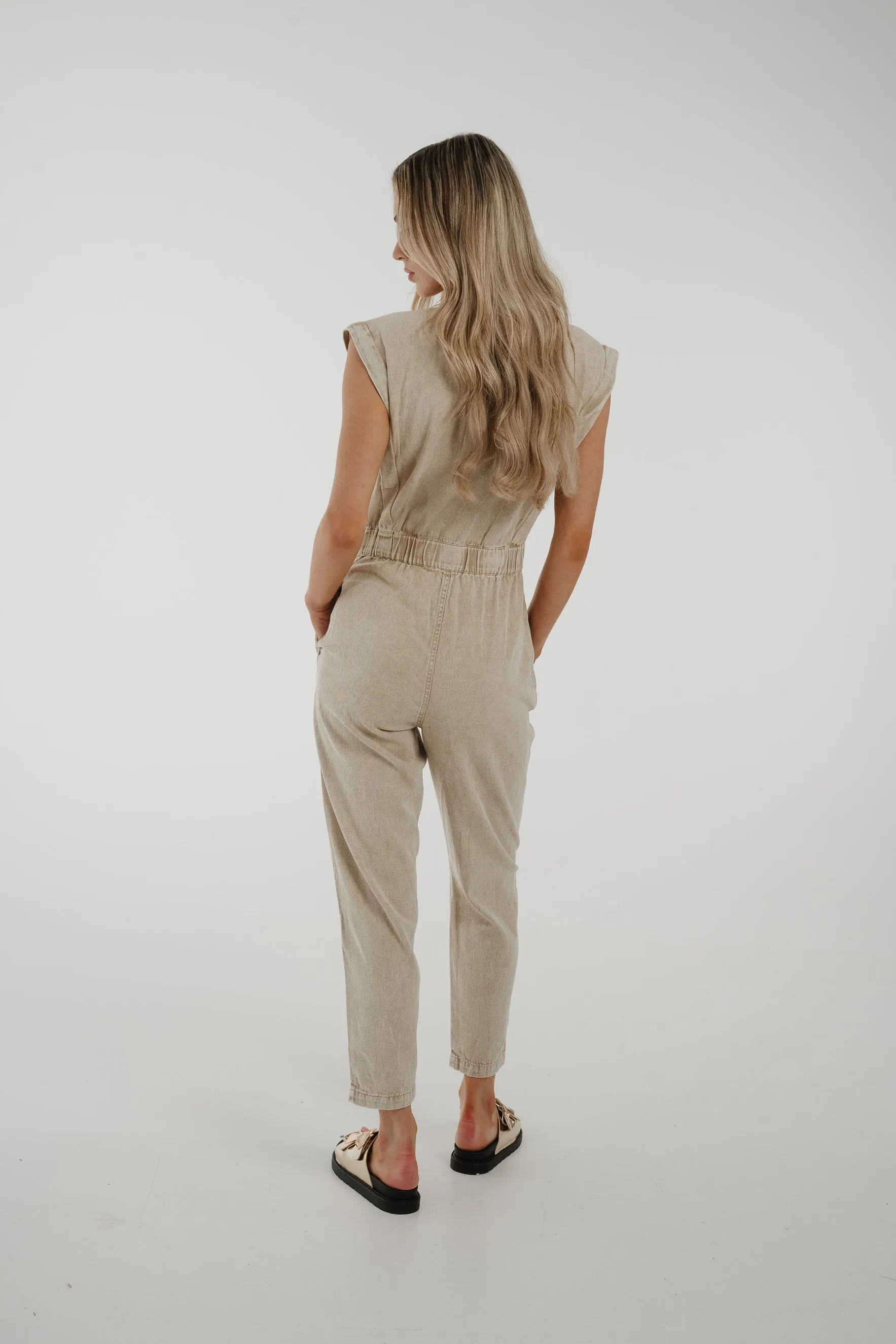 Cora Sleeveless Denim Jumpsuit In Beige