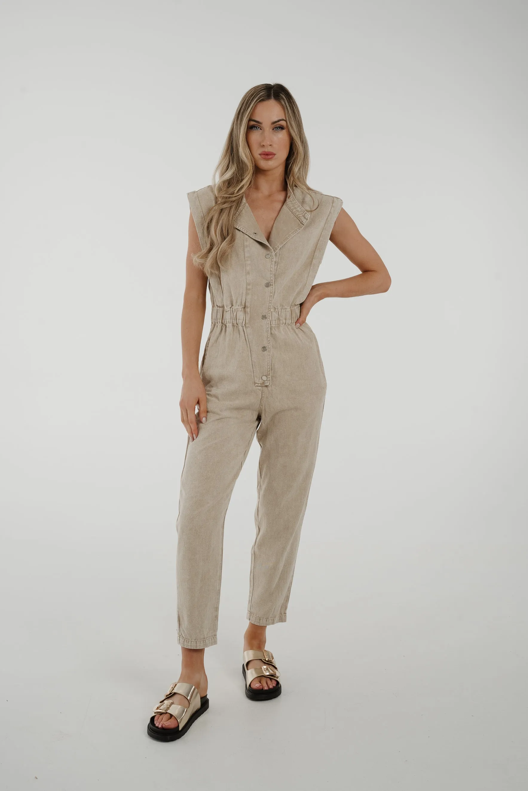 Cora Sleeveless Denim Jumpsuit In Beige