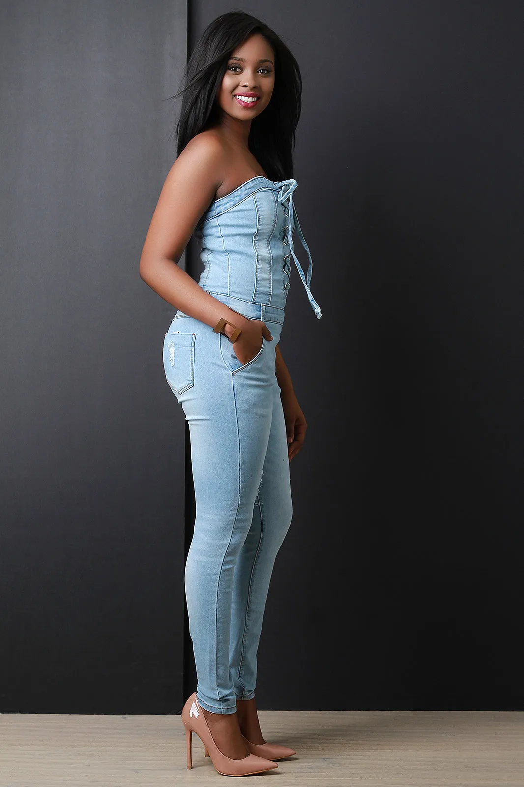 Corset Lace-Up Tube Denim Jumpsuit