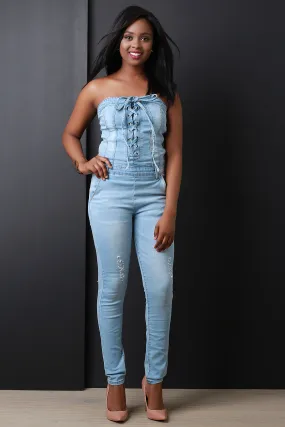 Corset Lace-Up Tube Denim Jumpsuit