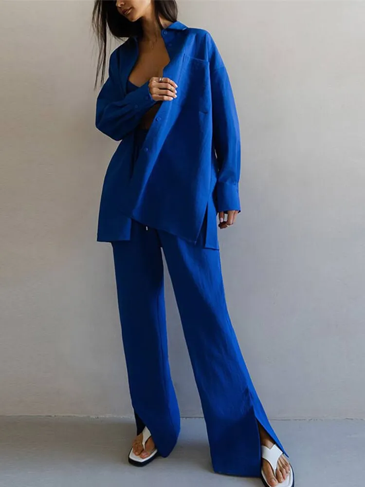 Cotton Shirt Long Pants Set Female Single-breasted Lapels Long Sleeve Shirt Suit 2022