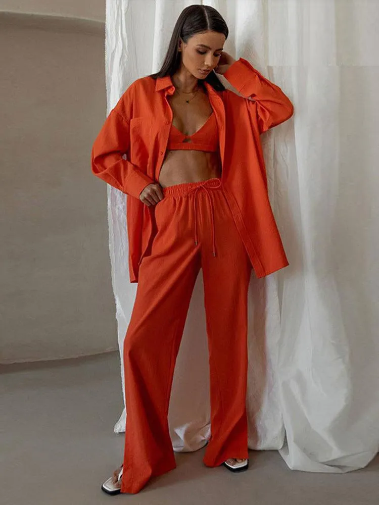 Cotton Shirt Long Pants Set Female Single-breasted Lapels Long Sleeve Shirt Suit 2022