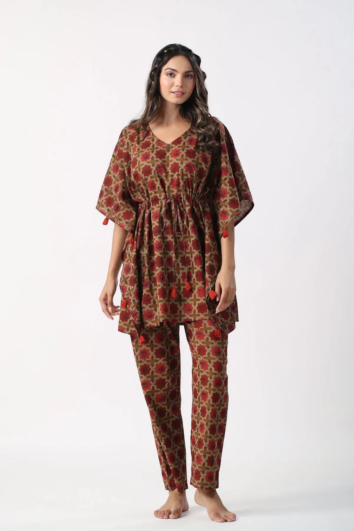 Daabu Motifs on Cotton Maroon Kaftan Pajama set