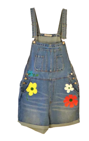 Denim Short Overall With Hand Painted Floral Accents