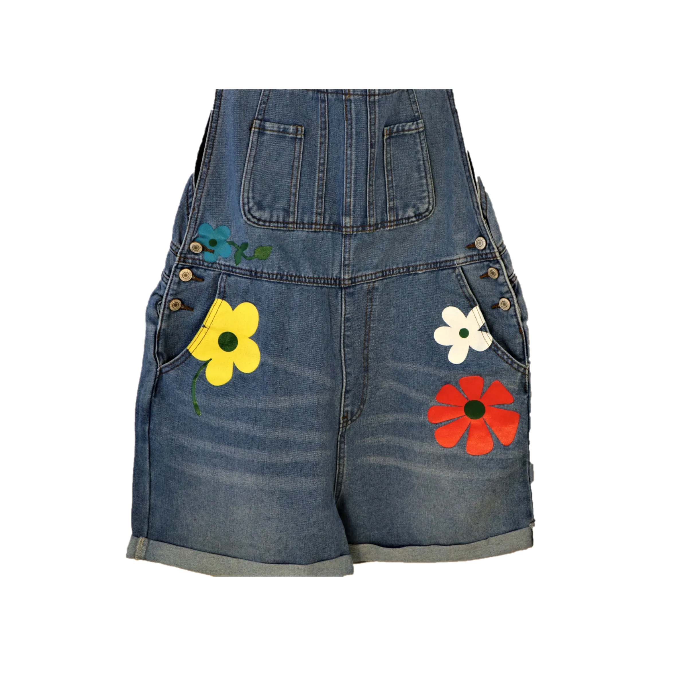 Denim Short Overall With Hand Painted Floral Accents