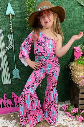 DLH2317 (A3S5) Pink cheetah & turquoise cactus one sleeve crop top & bell bottoms girl set