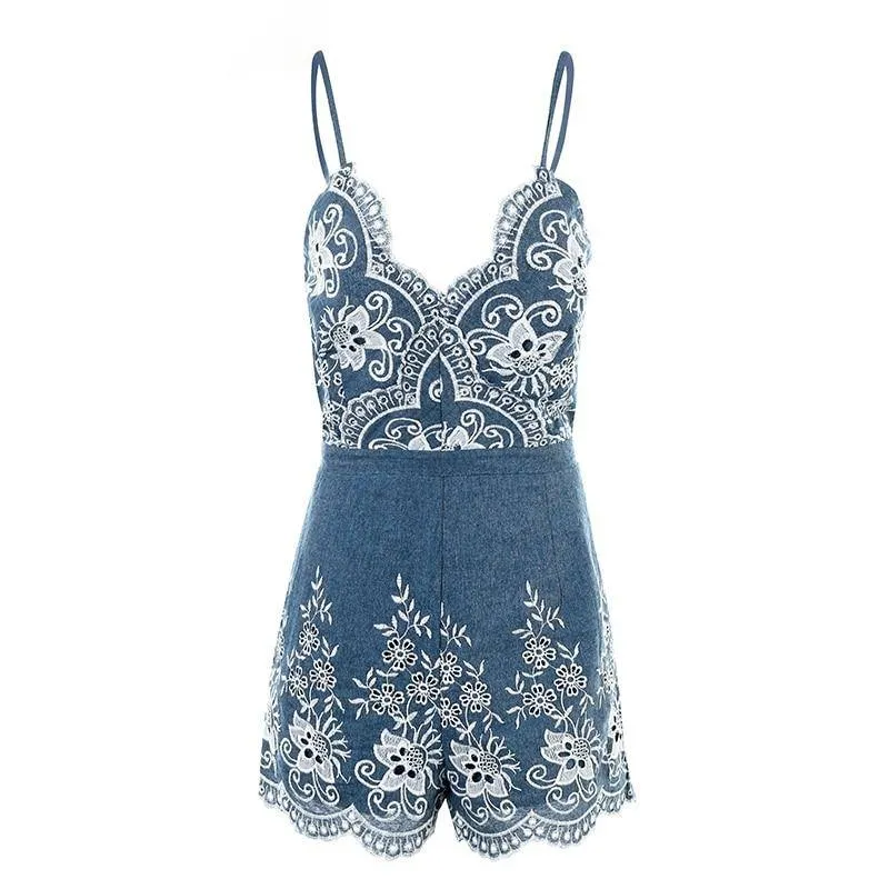 Elegant Stylish Women's V-neck Zippered Slip Playsuit With Floral Pattern