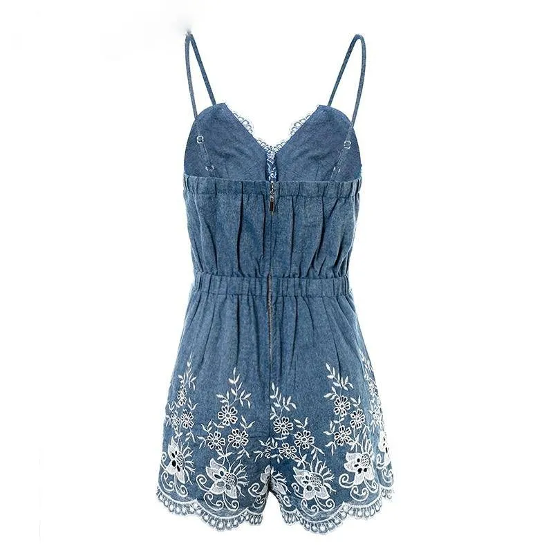 Elegant Stylish Women's V-neck Zippered Slip Playsuit With Floral Pattern