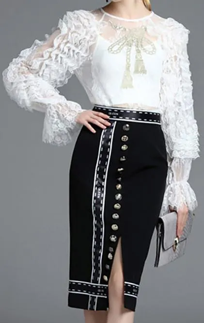 Embroidered Ruffled Lace Blouse & Button-Embellished Printed Skirt