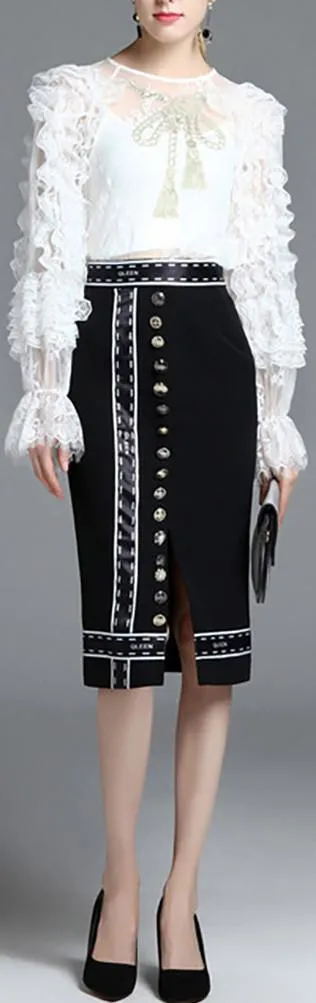 Embroidered Ruffled Lace Blouse & Button-Embellished Printed Skirt