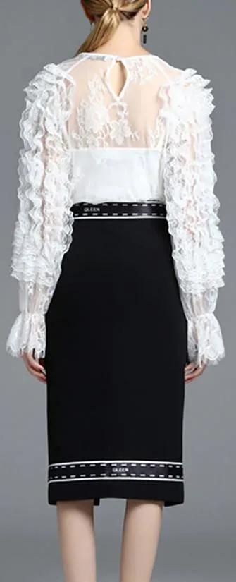 Embroidered Ruffled Lace Blouse & Button-Embellished Printed Skirt