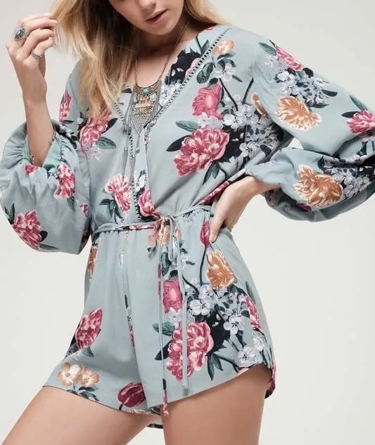 Final Sale - Blu Pepper Floral Print Romper - Sage