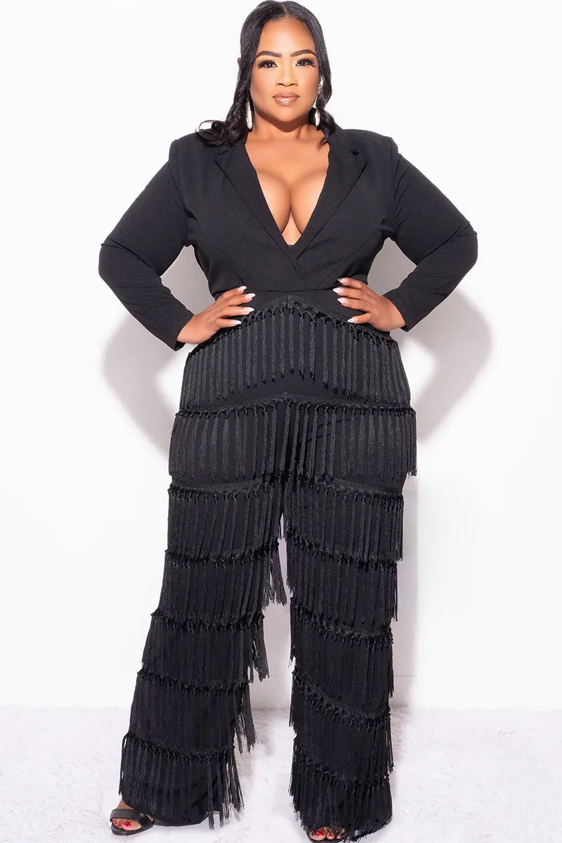 Final Sale Plus Size Collar Faux Wrap Fringe Jumpsuit in Black