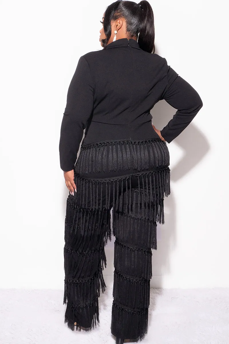 Final Sale Plus Size Collar Faux Wrap Fringe Jumpsuit in Black