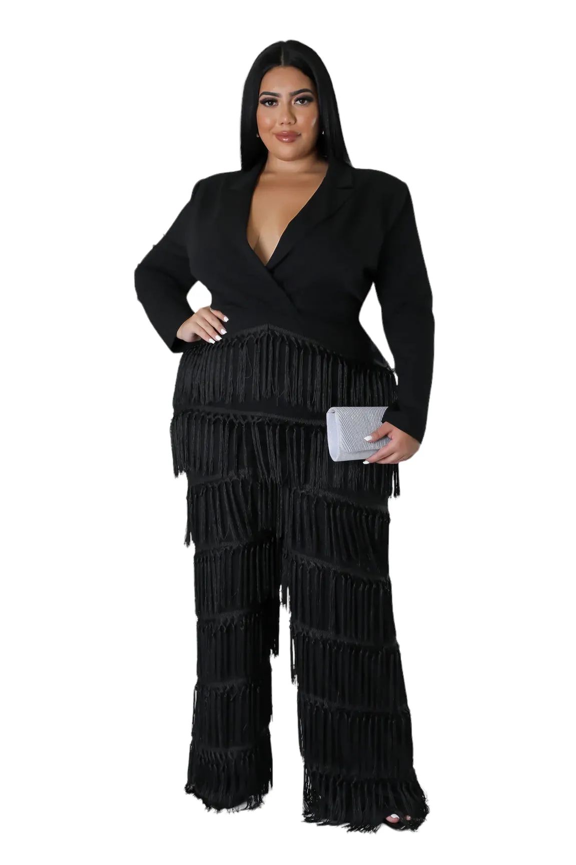 Final Sale Plus Size Collar Faux Wrap Fringe Jumpsuit in Black