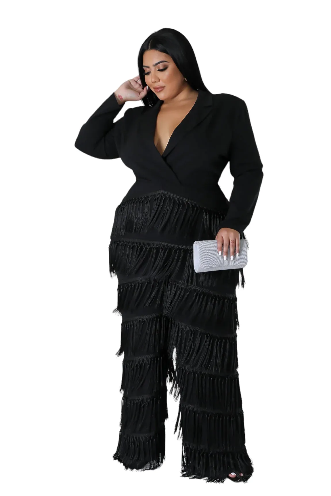 Final Sale Plus Size Collar Faux Wrap Fringe Jumpsuit in Black