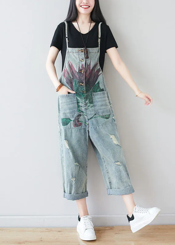 Fine Blue Patchwork Pockets Print Denim Jumpsuit Summer