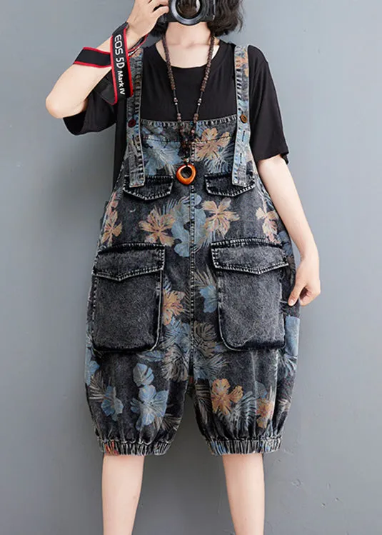 Fitted Print Patchwork Button Denim Lantern Jumpsuits Summer