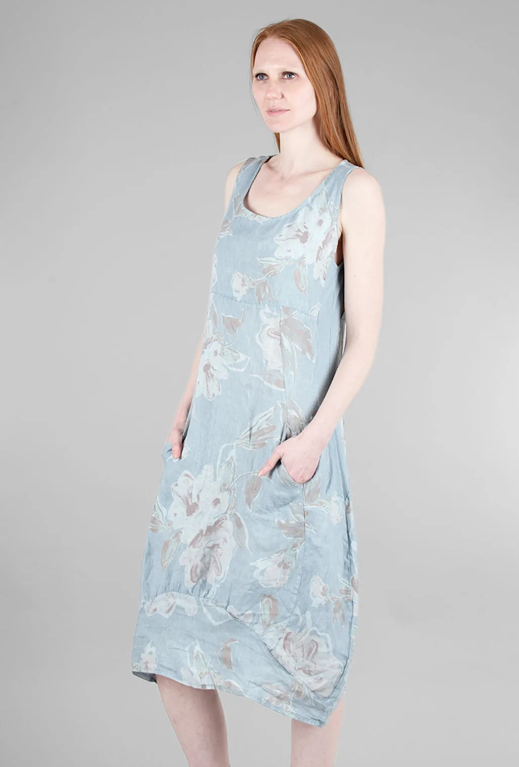 Floral Linen Balloon Dress, Sky Blue