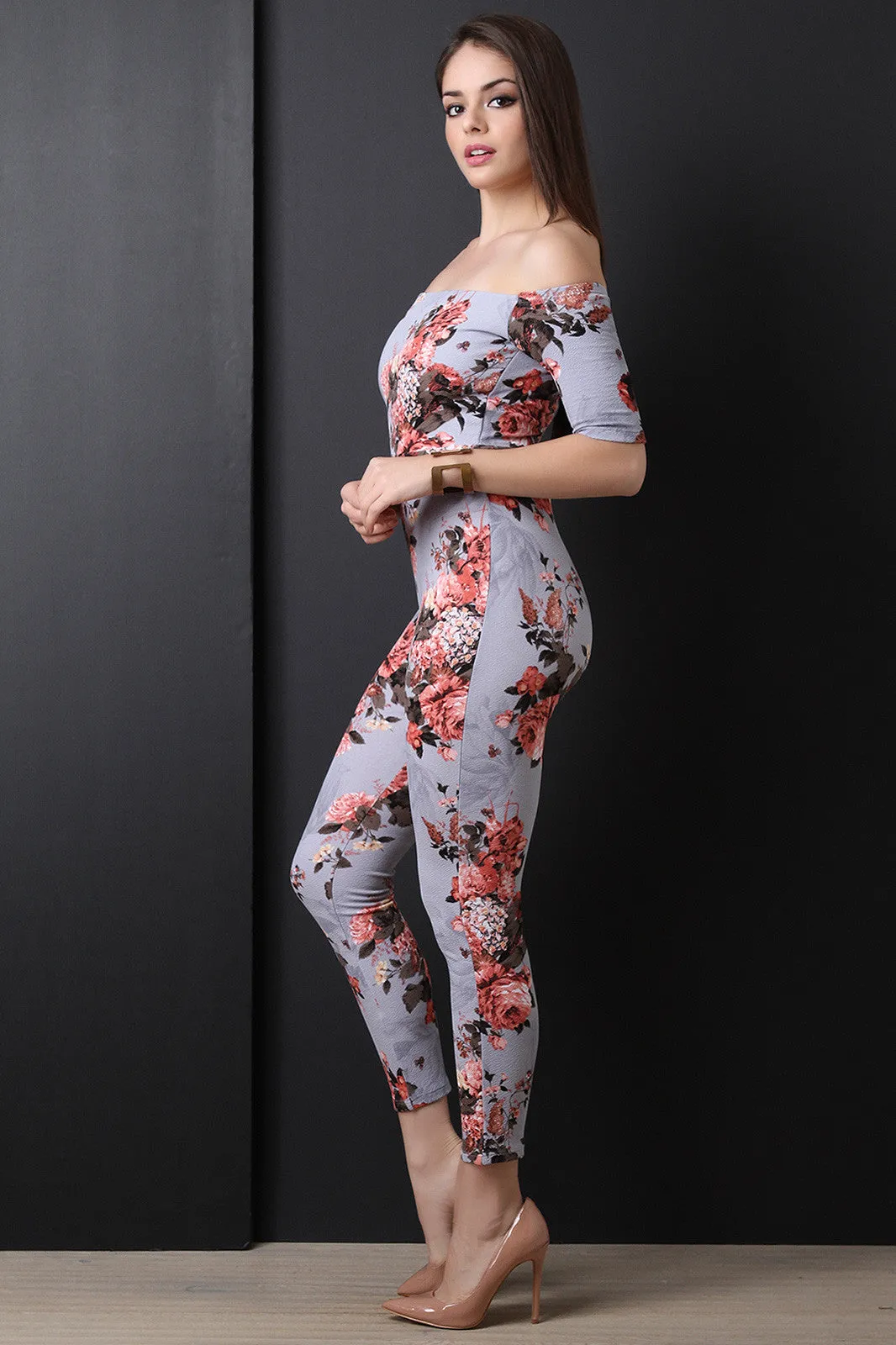 Floral Print Elbow Sleeves Off-The-Shoulder Fitted Jumpsuit