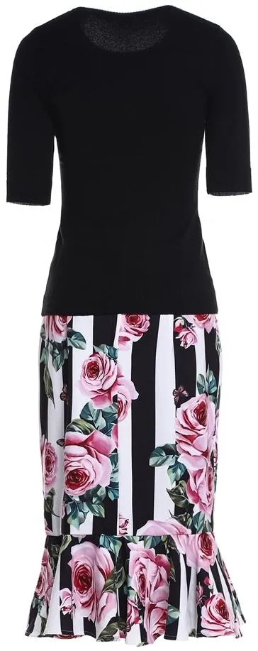 Floral Print Knit Top & Knee-Length Flared Striped Floral Skirt