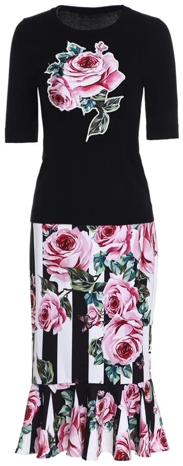 Floral Print Knit Top & Knee-Length Flared Striped Floral Skirt