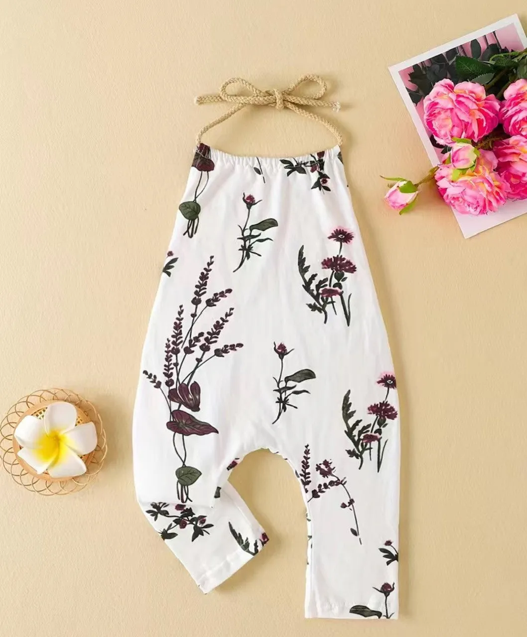 Floral sleeveless halter rompers