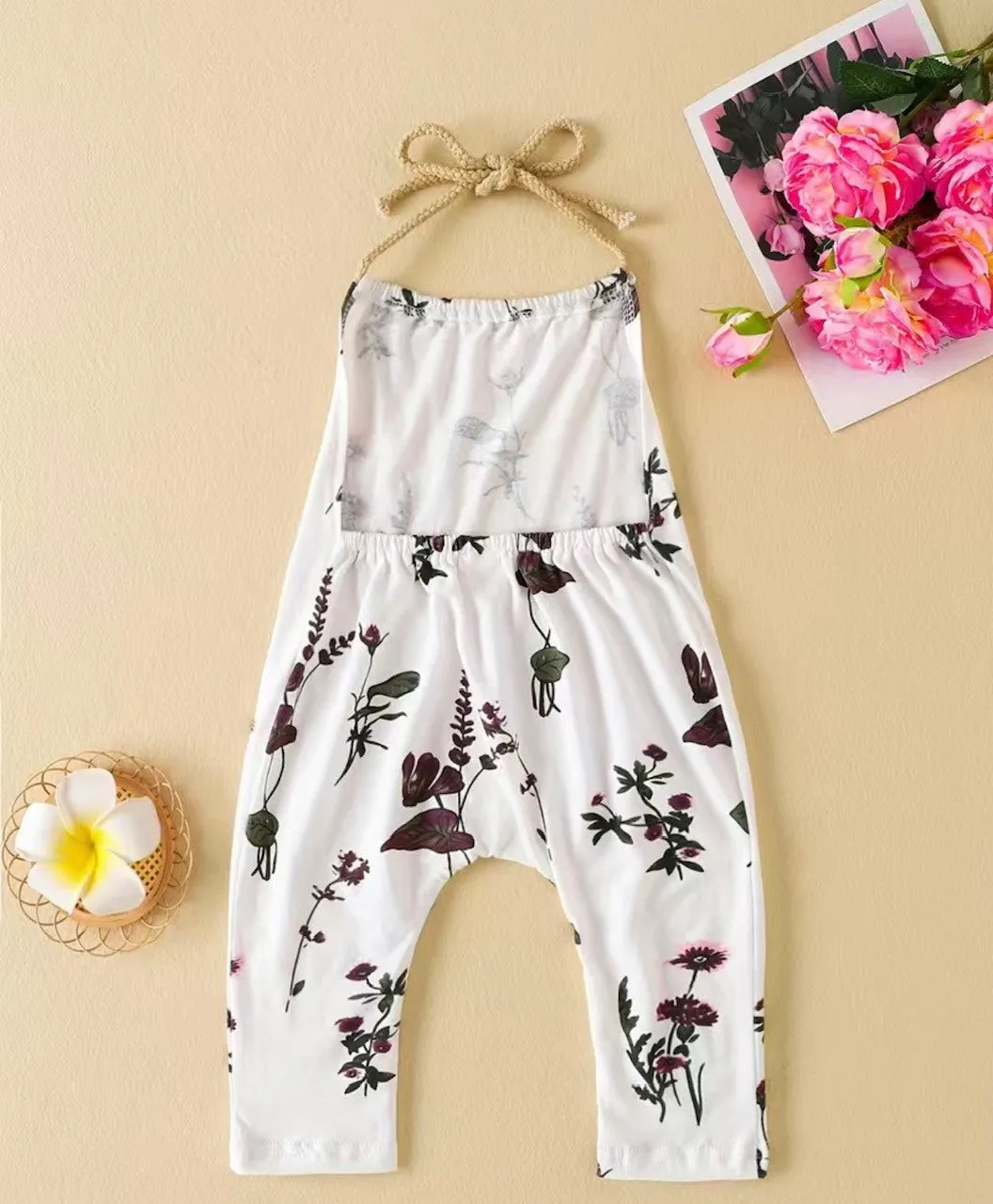 Floral sleeveless halter rompers