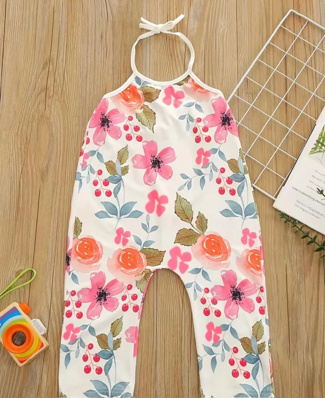 Floral sleeveless halter rompers