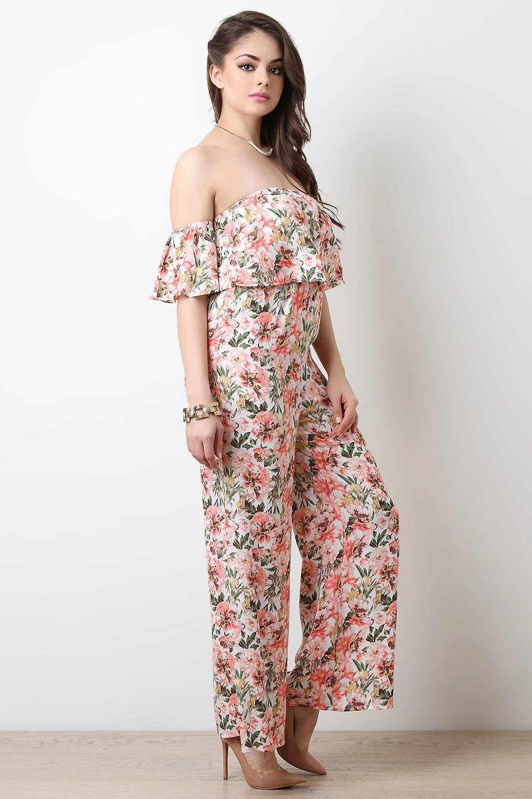 Floral Tiered Bardot Wide Leg Jumpsuit